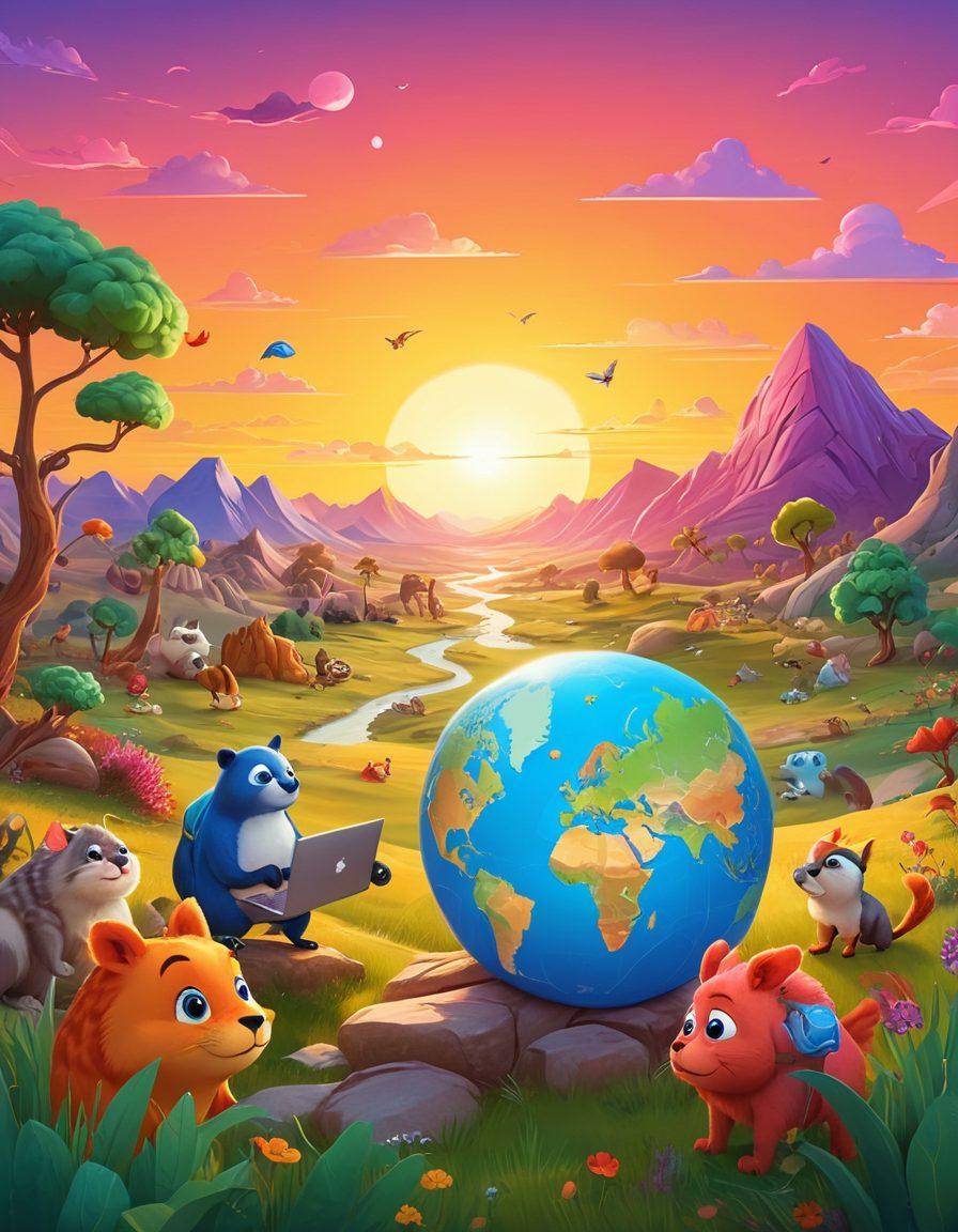 A whimsical, colorful landscape depicting various browsers personified as friendly creatures exploring the web, with a vibrant sunset in the background highlighting a joyful atmosphere. Include elements like floating icons of websites and user interfaces, with animated pathways leading to a bright future. Emphasize a sense of adventure and ease of navigation to reflect a positive online experience. cartoon style. vibrant colors. 3D.